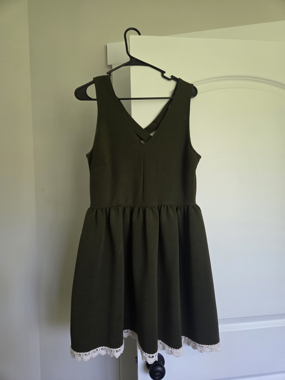 Altar'd State Olive Green V-Neck Midi Dress with Lace Hem